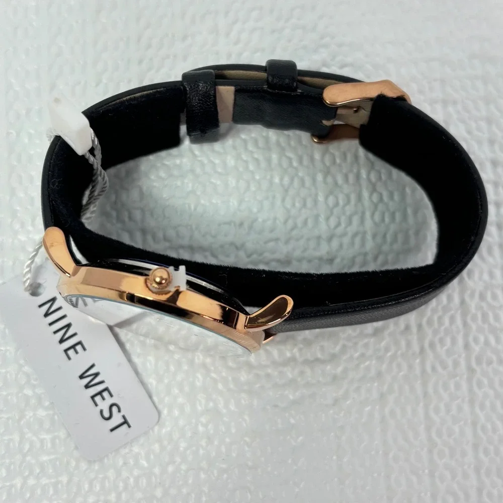 Nine‎ West Gold Tone Watch New with Tags Elegant White Face Black Strap Women's